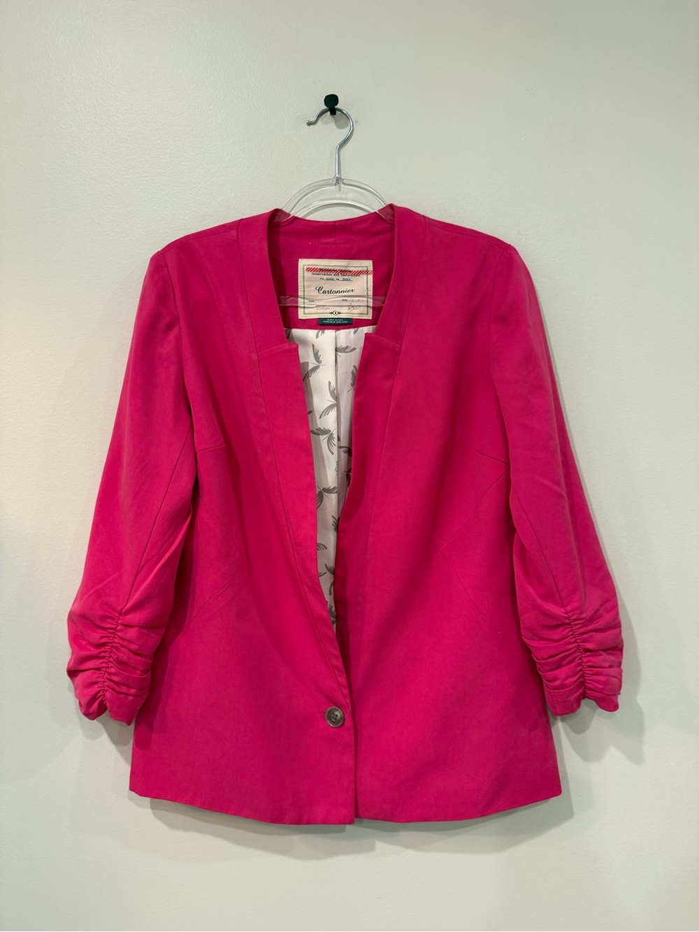 Anthropologie Cartonnier Hot Pink Ruched Sleeve Blazer Jacket Size 12 USA Made